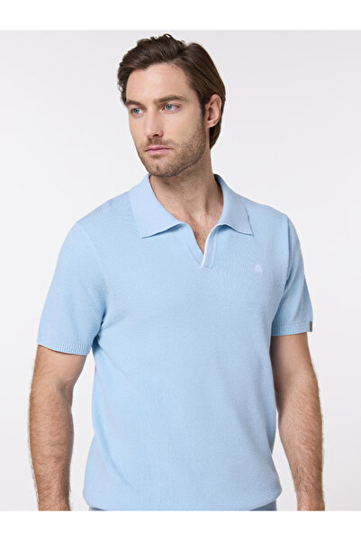 Mannerism The Light Breeze Baby Blue Cotton V-Neck Polo Comfort Fit