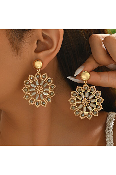 Choice Beige Bohemian Vintage Handmade Beaded Sunflower Pendant Earrings Fash...