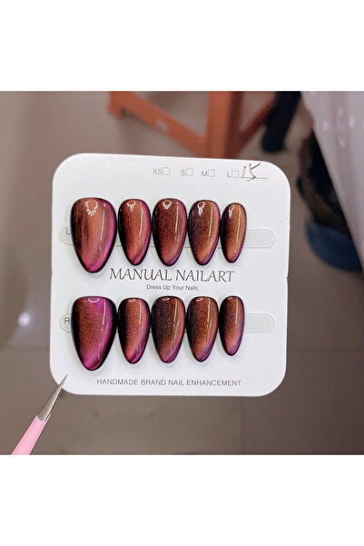 Choice أظافر صناعية قصيرة بلون اللوز، مصنوعة يدويًا، بلون بني محمر، بتصميم عي...