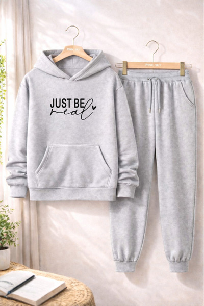 HOFFNUNG Casual Hooded Top and Sweatpants Set - Solid Color Just Be Real Full...