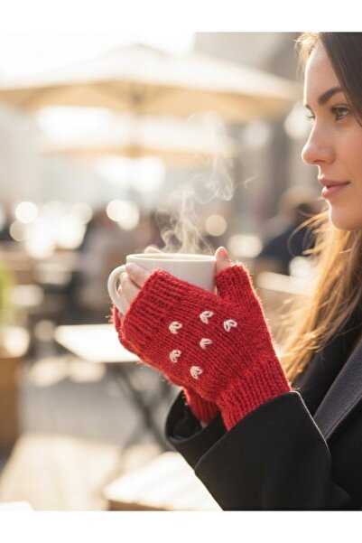 Didora Kadın Kırmızı Kalp Nakışlı Örgü Parmaksız Eldiven