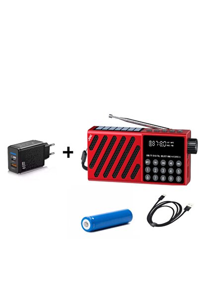 OEM Portable multifunctional solar charging radio red + charger 65W + battery...