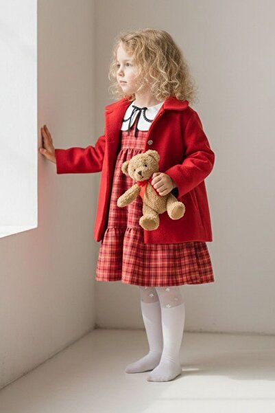 Minigimin Cicileri My Little One's Plaid Dress Set with Cashmere Coat - Red