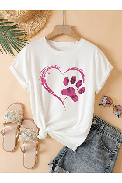 PENTHİLUS kalp ve pati baskılı unisex tişört - pati baskılı T-shirt