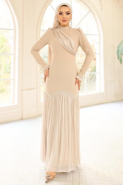 Olcay Krepp-Yoryo-Seiden-Kombinations-Hijab-Abendkleid mit Perlenspitze und d...