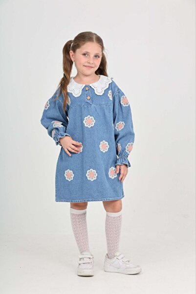 Butik Kız Çocuk Dantel Yaka Çiçek Nakışlı Kot Elbise