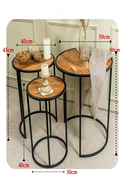 BEC39 Nesting Service Table Set (3 pieces) - Modern Wood and Metal Bases