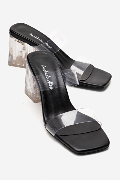 Ayakkabı Ateşi Women's Black Skin Transparent Heeled Transparent Cover Specia...
