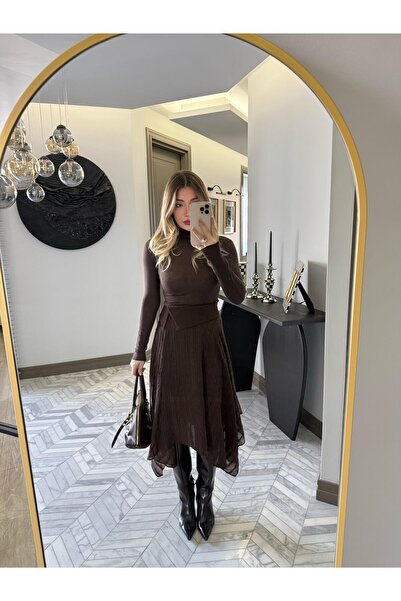 CKBUTİK Kahverengi Bel Detaylı Midi Boy Etek-37203