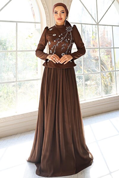 Olcay Vorne mit Steinen besticktes Satin-Yoryo-Seiden-Kombinations-Tesettür-A...