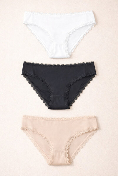 Katia&Bony Women's 3-Piece Lace Basic Slip Panties Black/White/Nude