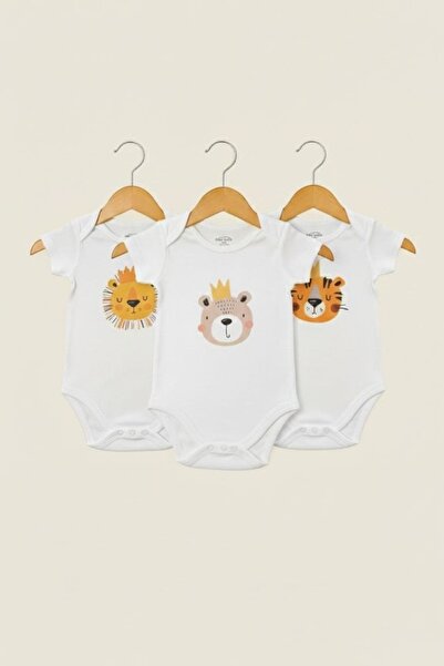 Fuar Baby 3-Pack 100% Cotton Unisex Baby Bodysuit Set - Lion Tiger Teddy Bear...