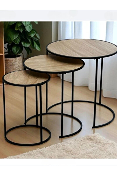 BEC39 Nesting Service Table Set (3 pieces) - Modern Wood and Metal Bases