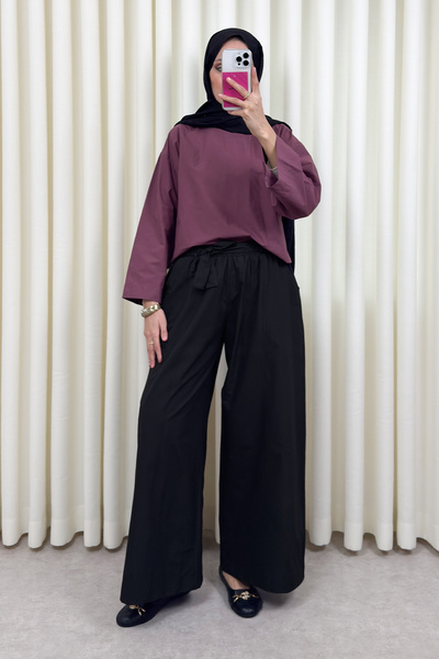 Salih Çelebi بنطلون واسع الساقين بحزام 0068 - أسود