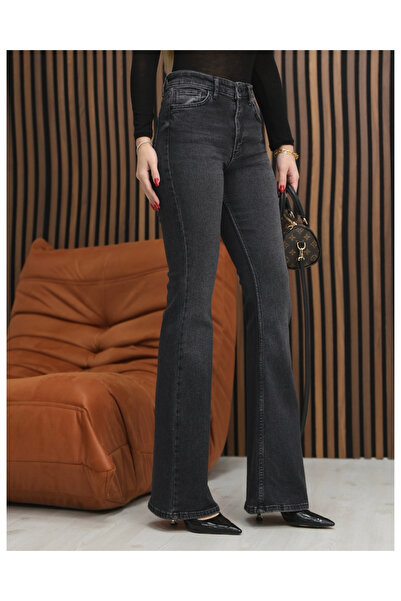 deqfashion Women's Anthracite Stretch Fabric High Waist Flared Jean Trousers