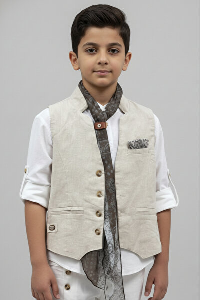 Alesaei-mondo tondo قميص ولادي ابيض مع سديري بيج 4166