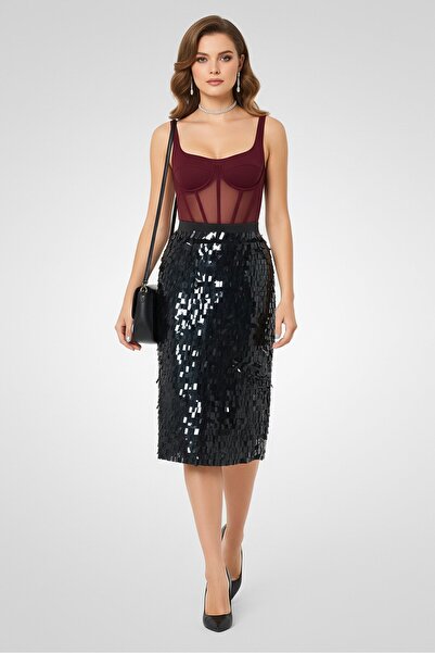 PİNKO Women Gertrudes Paillette Midi Skirt, Black