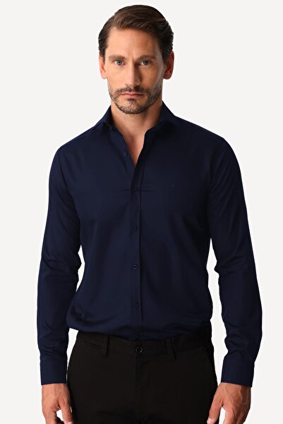 İgs Navy Blue Slim Fit Slim Fit Classic Collar Plain Long Sleeve No Pocket 10...