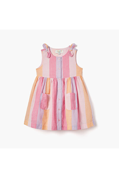 Juniors Colourblock Sleeveless Dress with Bow Detail and Button Closure