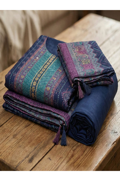 Nishant Fashion طقم بدلة ساخي بريميوم من حرير مودال غير مخيط - أزرق نيلي مع ط...