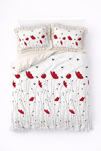 GÖRMEZ TEKSTİL Set de lenjerie de pat din bumbac moale cu volane - Roșu / Bej