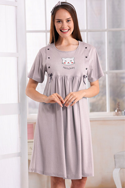 Emose Buttoned Maternity Women's Nightgown Gray