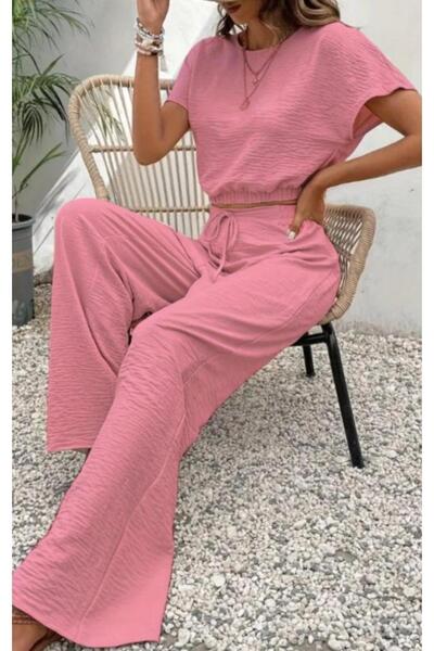 MODAGEN Kadın Pembe Bürümcük Crop Pantolon Takım