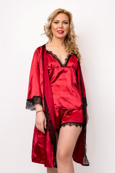 OEM Set pijama Sarah 4 piese din satin - Grena, L (40)