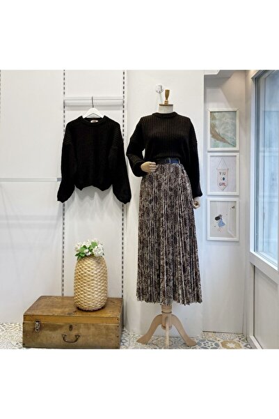 Faya Boutique Vizon Çiçek Desenli Kemerli Kadife Etek