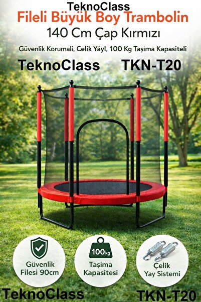 TeknoClass Fileli Büyük Boy Güvenlikli Trambolin 140 Cm Çap Kırmızı 100 Kg Ta...
