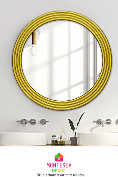 MONTESEV Zümrüt Ahşap Gold Dekoratif Ayna Yuvarlak Ayna Işlemeli Banyo Aynası...