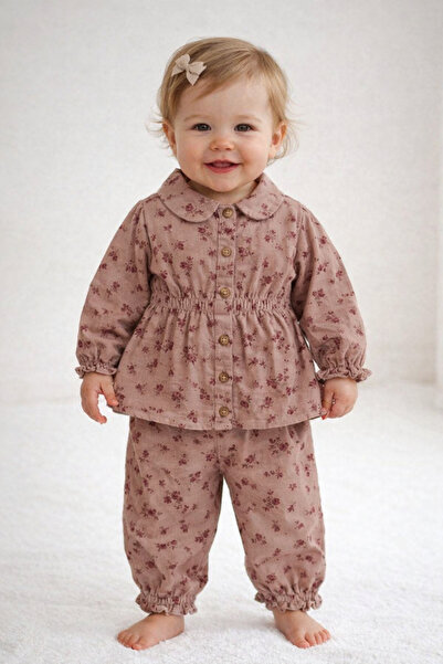 Babyhola Çiçek Desenli Müslin Bayramlık Kız Bebek Takım Üst ve Pantolon İkili...