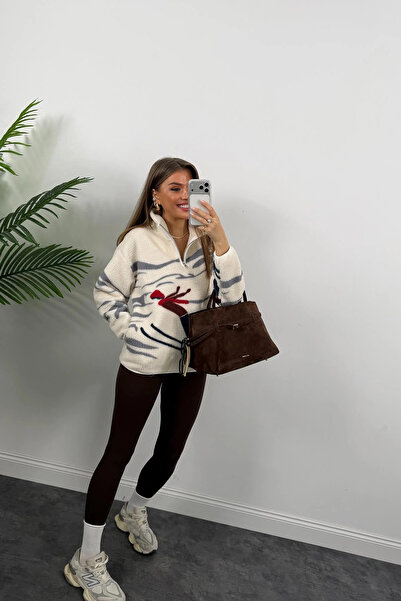 mrc KADIN KIZAK DESENLİ SUNİ YÜN FERMUARLI SWEATSHİRT