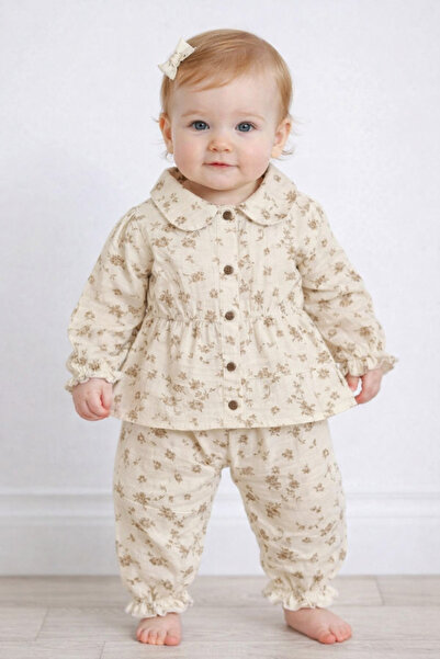 Babyhola Çiçek Desenli Müslin Bayramlık Kız Bebek Takım Üst ve Pantolon İkili...