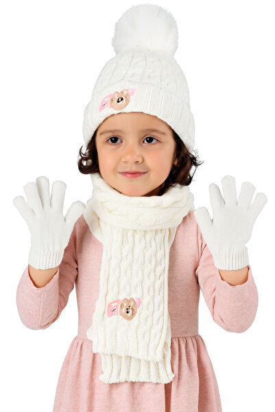 TAŞDELEN AVM Recos Children's Beanie Scarf Gloves 3-Piece Set with Fleece Ins...
