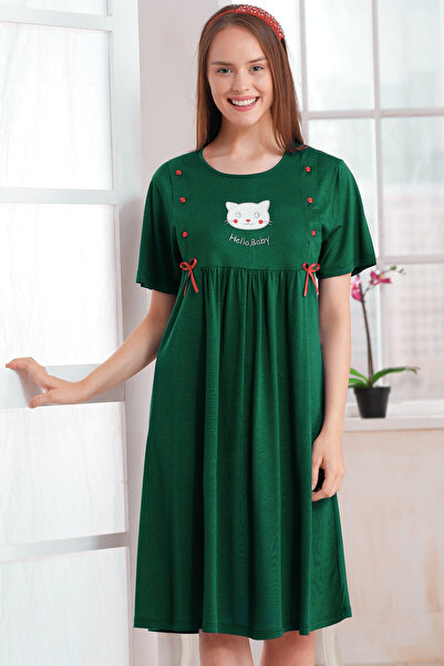 Emose Düğmeli Lohusa Kadın Gecelik Yeşil