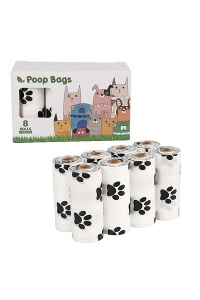 Choice5 ٨ لفات من حقيبة فضلات الكلاب البيضاء بنقشة مخلب الكلب، قابلة للتحلل ا...