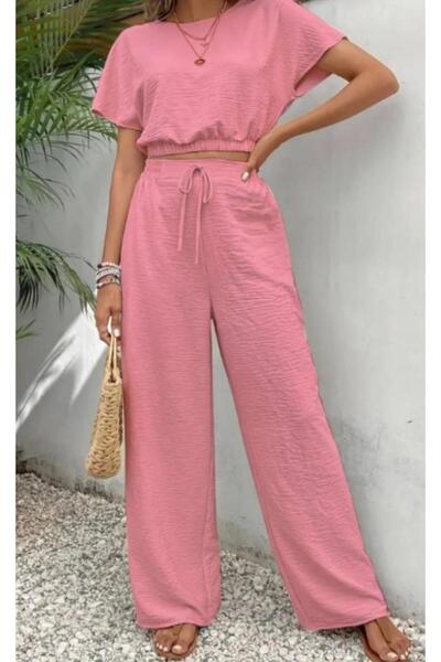 MODAGEN Kadın Pembe Bürümcük Crop Pantolon Takım