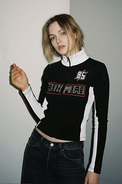 Karakedi Black Retro Rock More 85 Zippered Y2K Crop Cardigan