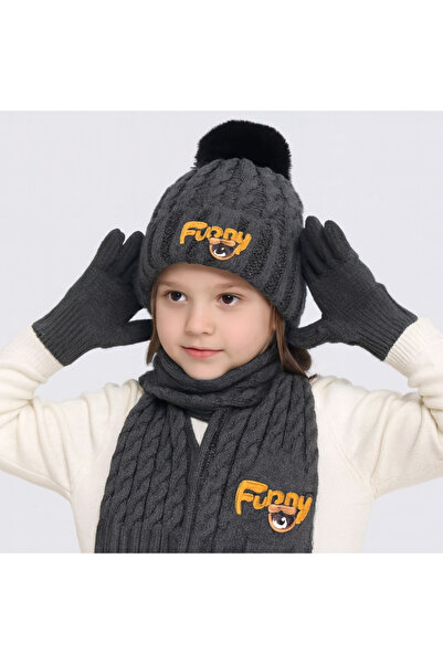 TAŞDELEN AVM Recos Children's Beanie Scarf Gloves 3-Piece Set with Fleece Ins...