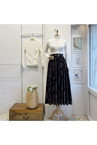 Faya Boutique Siyah Çiçek Desenli Kemerli Kadife Etek