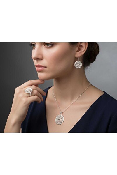 ErdoğanSilver 925 Ayar Gümüş El İşçiliği Beyaz Telkari Set - Kadın Kolye Ucu,...