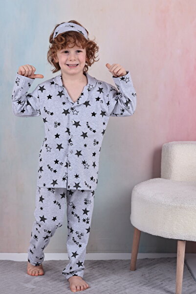 TUGSE Front buttoned star patterned pajama set - eye mask included