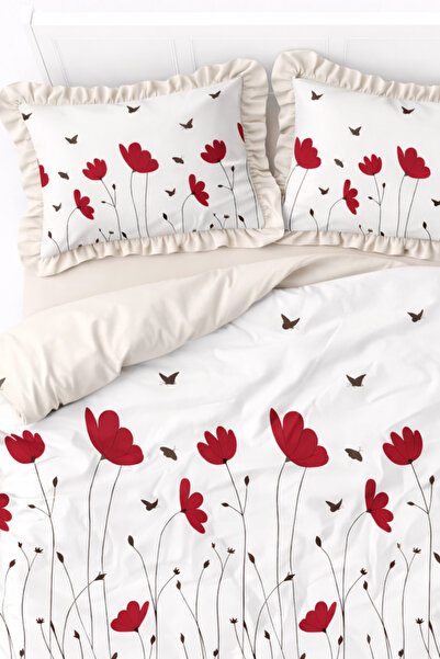 GÖRMEZ TEKSTİL Soft Cotton Ruffled Single Poppy - Duvet Cover Set Red / Beige