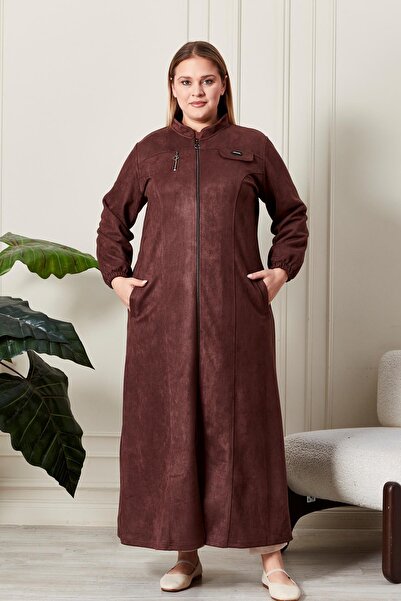 Ferace Women's Large Size Hijab Suede Cap Top Coat with Neck and Zipper Long ...