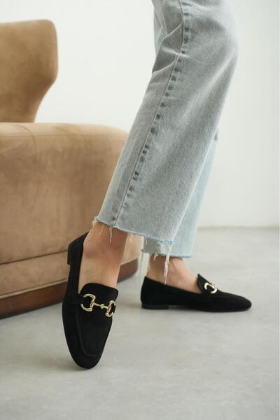 GNY AYAKKABI Весняний сезон Жіночі чорні замшеві лофери-балетки - Золоті аксе...