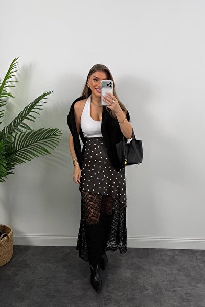 manana fashion Lace Detailed Polka Dot Maxi Satin Dress