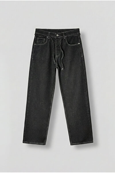 ablukaonline Men's Baggy Fit Lace-Up Waist Jean Pants Black