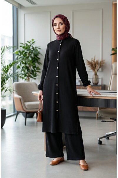 sefamerve Buttoned Pleated Tunic Trousers Double Suit 2216-01 Black