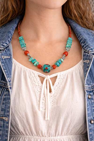 HER ŞEY NOTA www.herseynota.com قلادة نسائية عرقية من الحجر الطبيعي باللون ال...